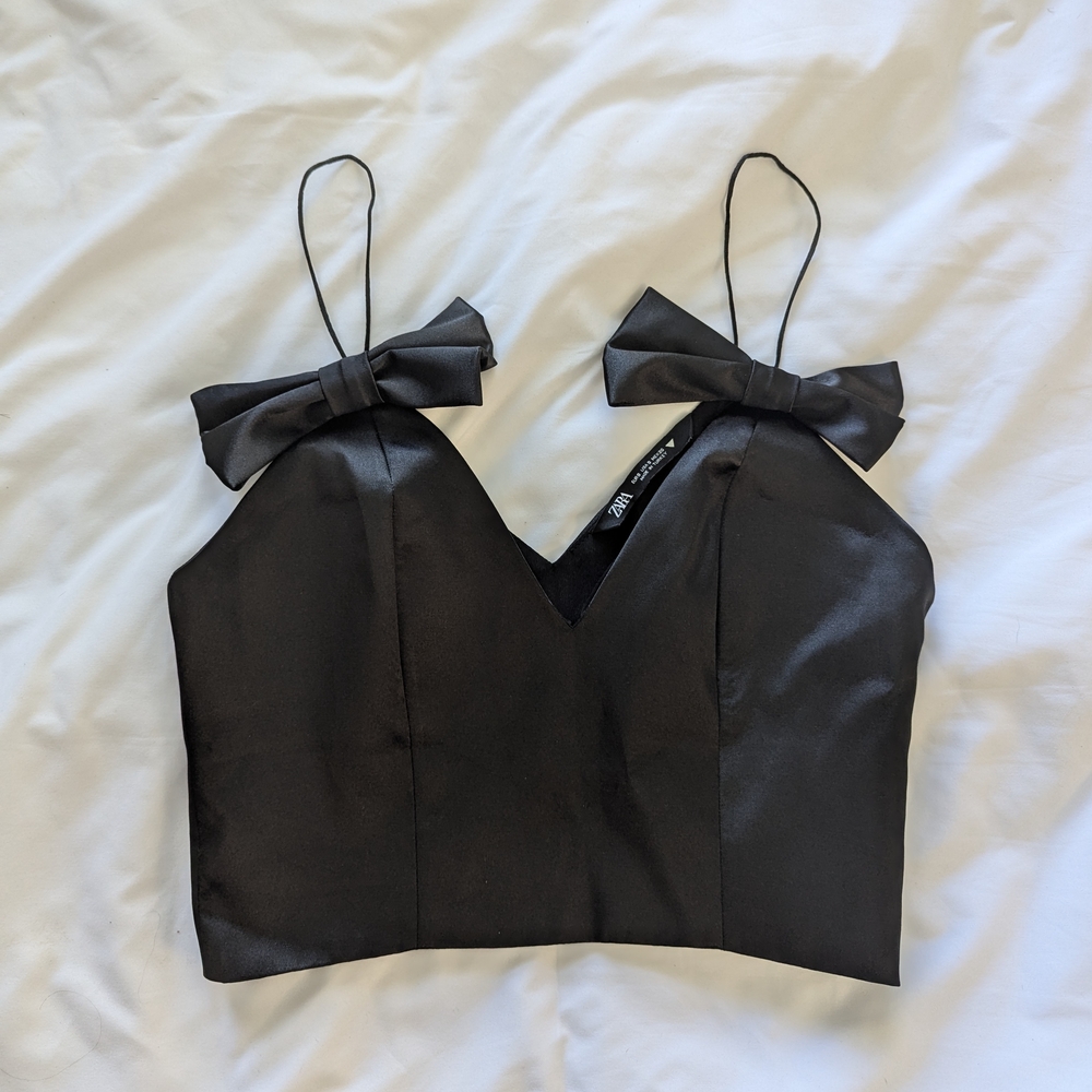 Zara Black Satin Bow Crop Top